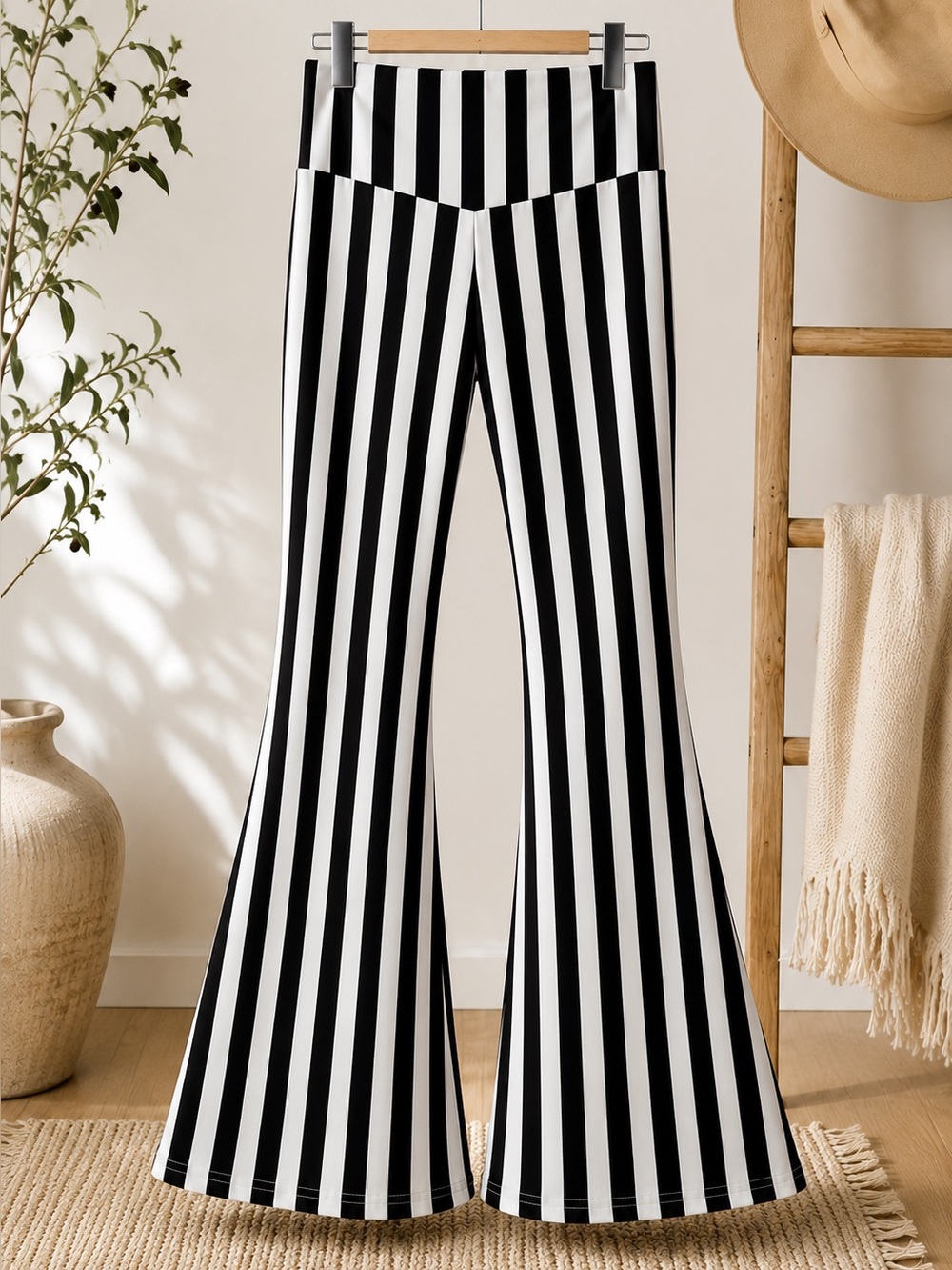 SHEIN Black and White Vertical Stripe Flare Leg Pants